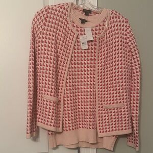 Ann Taylor factory Chic Pink and Cream Houndstooth Cardigan Set